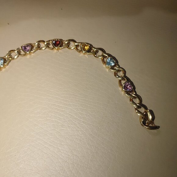 Gold Tone Chain Bracelet Heart-Shaped Multi-Colored Gemstones Toggle Clasp - Picture 7 of 9